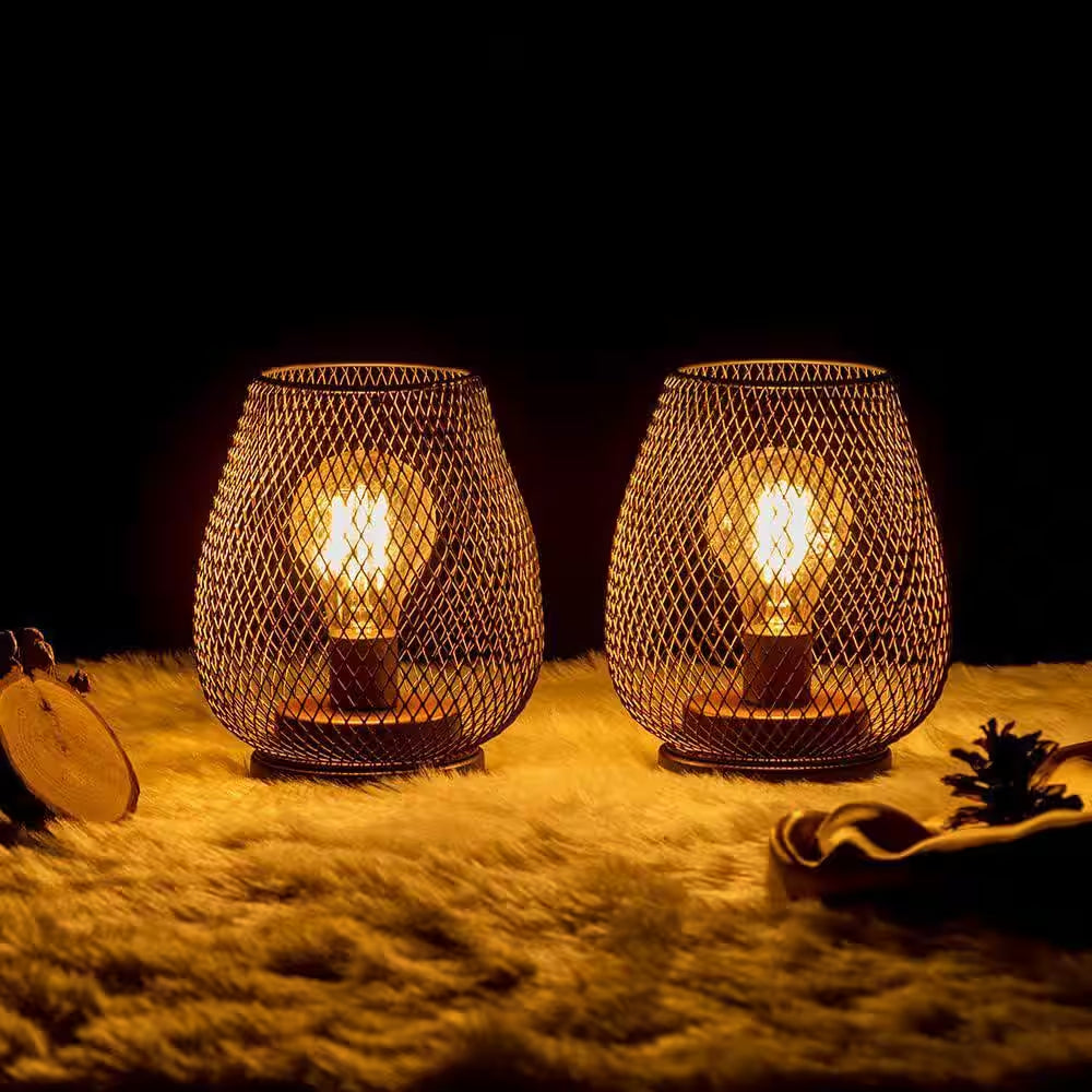 Oval Metal Cage Cordless Lamps with LED Bulb for Outdoor Decor (2-Pack)